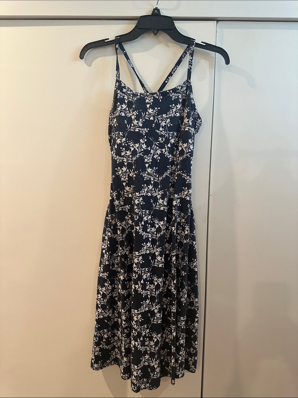 Navy Floral Midi Slip Dress with Cross-Back Straps